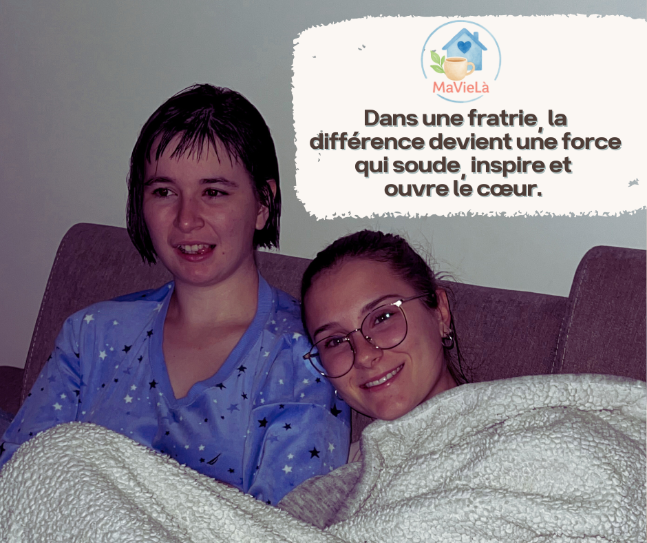 Daphnée et sa sœur Chloé réunies sur un canapé.